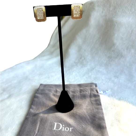 Vintage, CHRISTIAN DIOR Crystal Gold Tone Clip-on Earrings w/ Dustbag - EUC - Picture 1 of 7